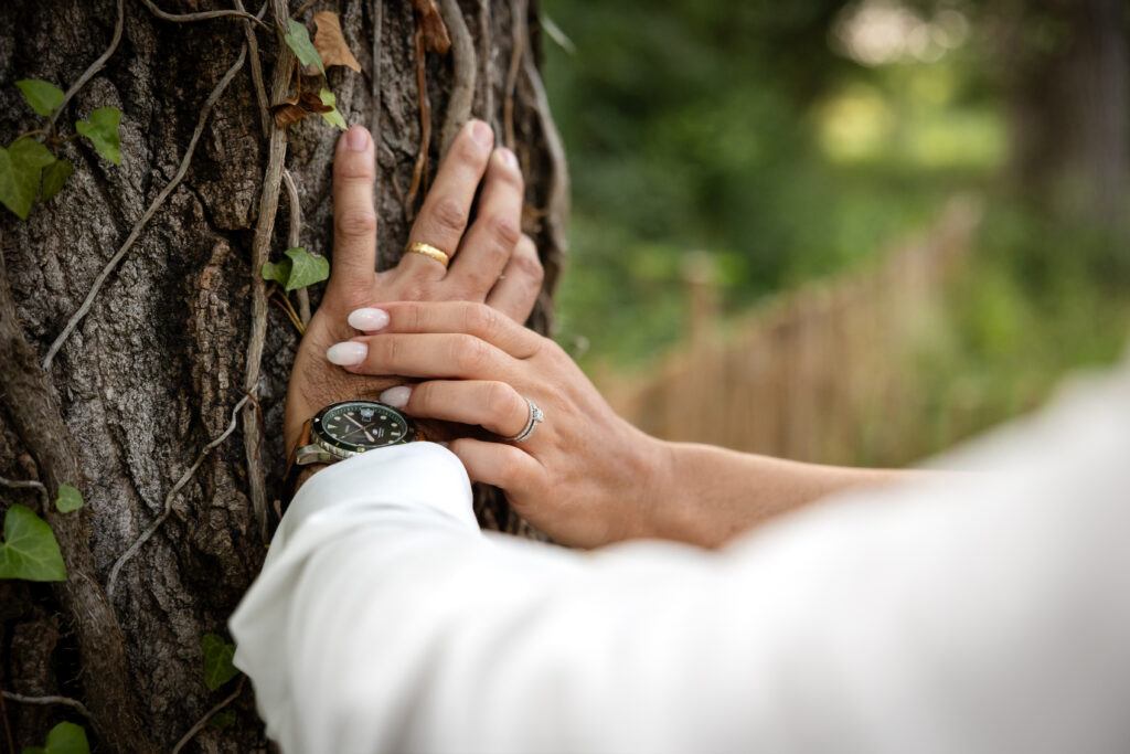 Plan resserré sur les mains des mariés reposant sur un tronc d'arbre centenaire.