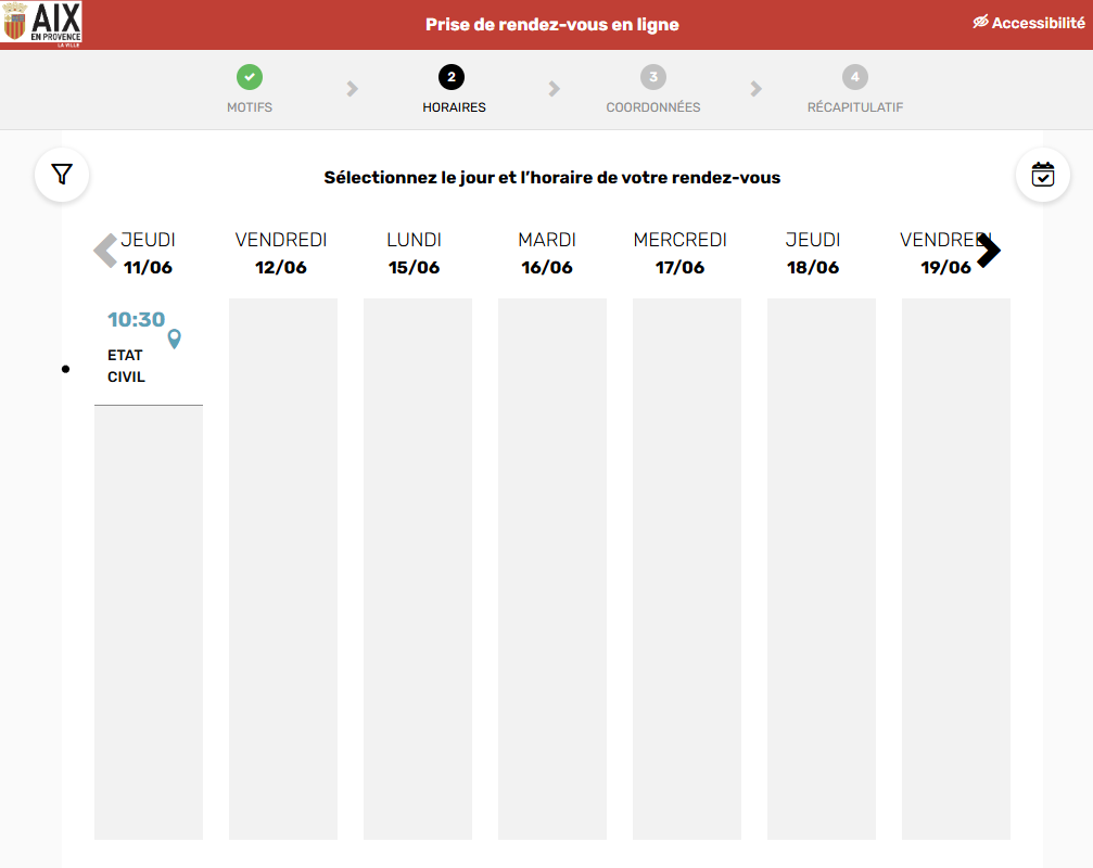 Prendre RDV en ligne avec le service mariage de la mairie aixoise : Interface en ligne